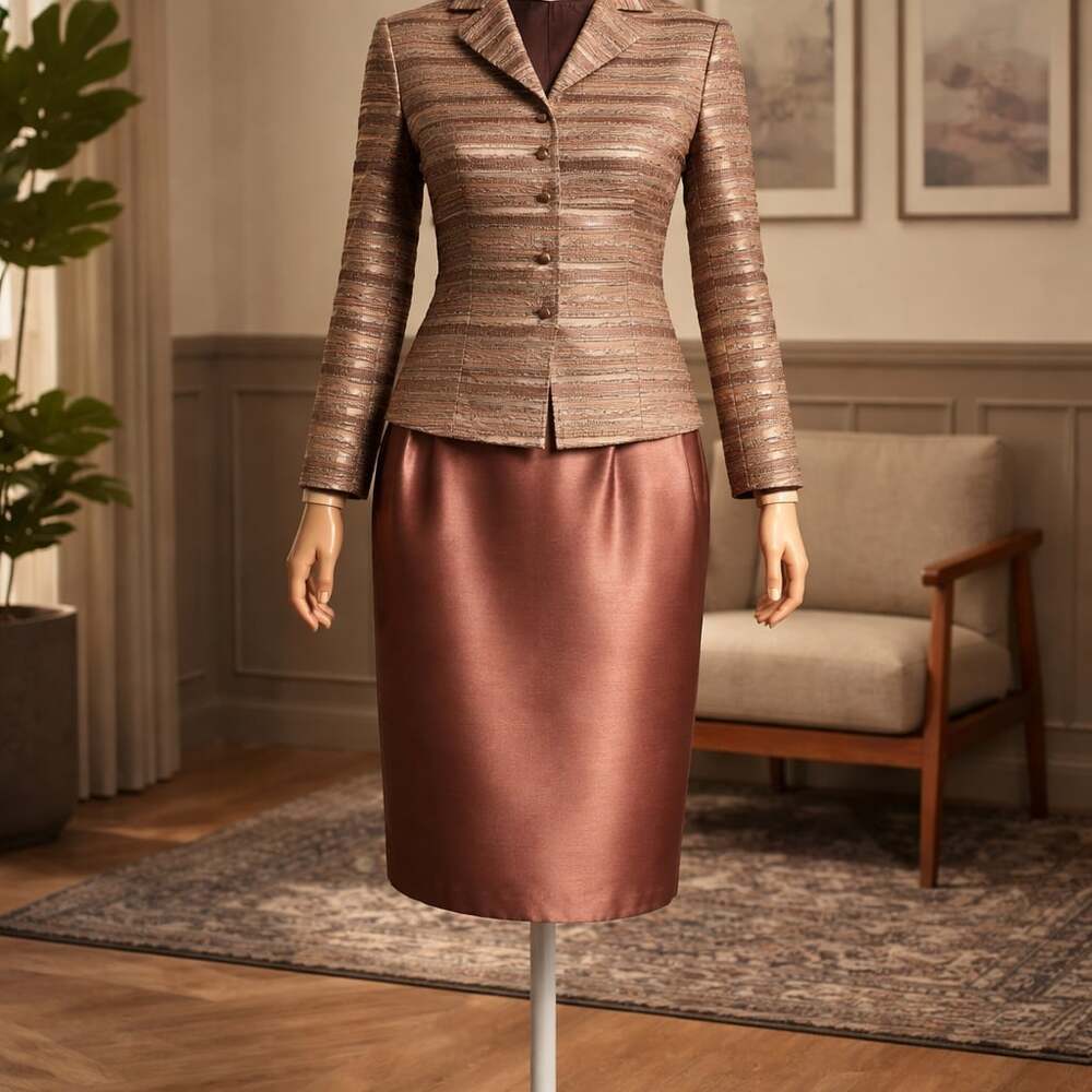 Kasper Petite 2-Piece Striped Jacquard Blazer and Metallic Skirt Suit Set